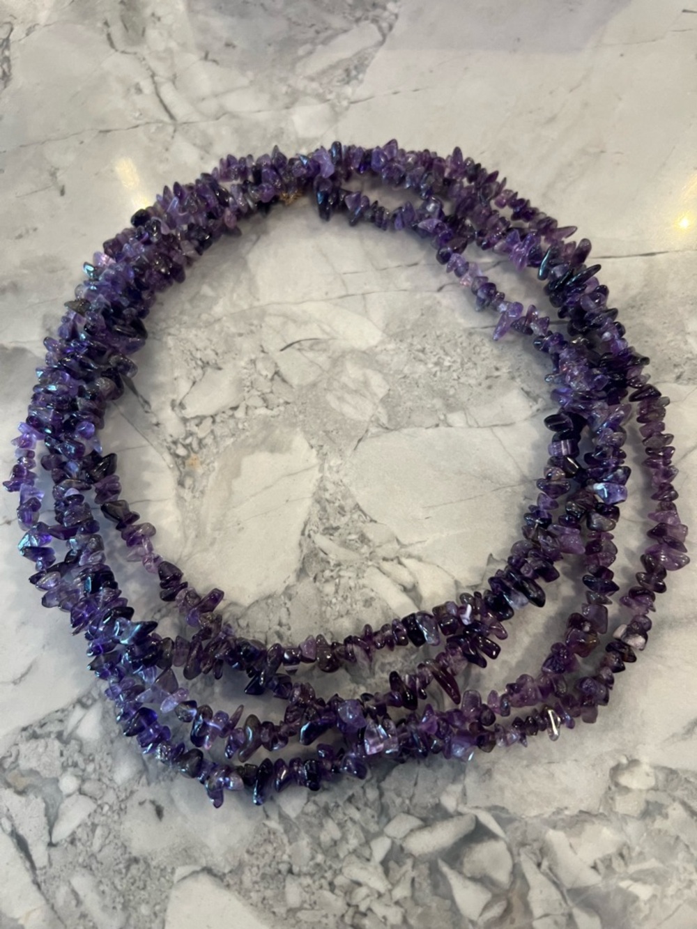 Purple Amethyst Chip Necklace - Natural Gemstone Strand 80” long 14k clasp